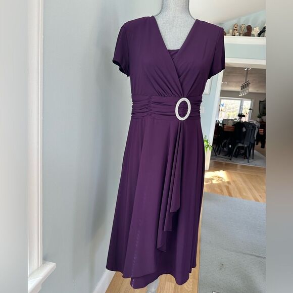R&M Richards Midi Formal Dark Purple Short-Sleeve Faux Wrap Dress Womens Size 10 - Picture 2 of 12